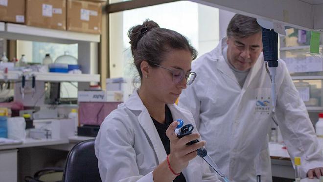 Brenda Warecki y Alejandro Vila en el laboratorio del Instituto de Biología Molecular y Celular de Rosario. Crédito de la imagen: IBR