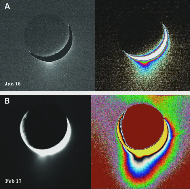 Los primeros avistamientos de la columna de Encélado por la misión Cassini a principios de 2005… en blanco y negro a la izquierda y mejorados, con código de color falso a la derecha… el 16 de enero (a 1,3 kilómetros/píxel) y el 17 de febrero (a 1,8 kilómetros/píxel).