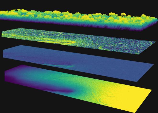 Los investigadores utilizaron LIDAR para obtener imágenes de terraplenes en Río Branco, en el Amazonas brasileño. De arriba a abajo, las capas representan la nube de puntos LIDAR coloreada por su altura, seguida de la pendiente del terreno, la sombra de la colina y la elevación de una obra de tierra, todo obtenido tras la eliminación digital del bosque. Crédito de la imagen: Vinicius Peripato
