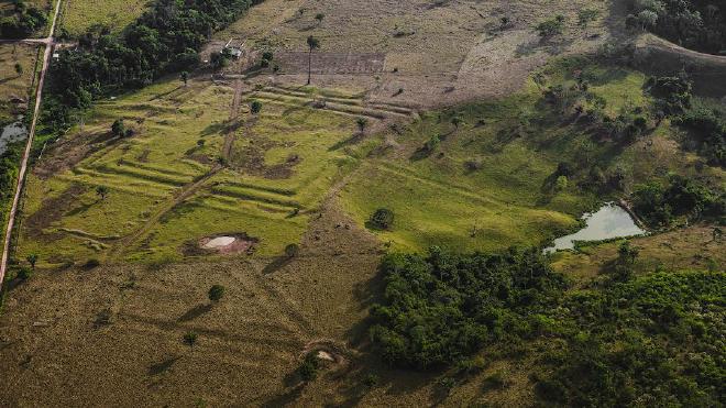Una fotografía aérea muestra terraplenes rectangulares en una región deforestada de Acre, en el Amazonas brasileño. Crédito de la imagen: Diego Gurgel
