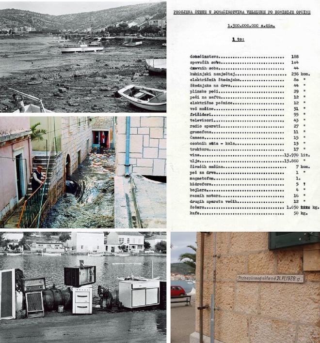Figura 1. Fotos del meteotsunami de Vela Luka de 1978, con la altura de las olas de los testigos oculares etiquetadas y el inventario de daños de los hogares. Crédito: 
    Vilibić et al. [2025], Figura 12