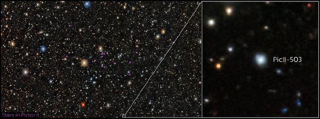 La imagen con anotaciones e indicaciones de las posiciones de Picto II y de PicII-503 muestra estrellas en la galaxia enana ultra tenue Pictor II. Pictor II es una galaxia satélite de la Gran Nube de Magallanes, que a su vez es una galaxia satélite de la Vía Láctea, y se encuentra en la constelación de Pictor. El sistema está formado por varios miles de estrellas y tiene más de diez mil millones de años. Créditos de la imagen: CTIO/NOIRLab/DOE/NSF/AURA. Procesamiento de imagen: T.A. Rector (University of Alaska Anchorage/NSF NOIRLab), M. Zamani & D. de Martin (NSF NOIRLab). Agradecimientos: PI: Anirudh Chiti, Alex Drlica-Wagner