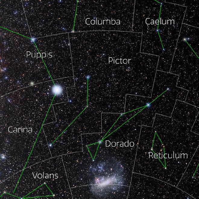 Fotografía de la constelación de Pictor con anotaciones de la Unión Astronómica Internacional (IAU) y de la revista Sky & Telescope. Créditos: E. Slawik/NOIRLab/NSF/AURA/M. Zamani