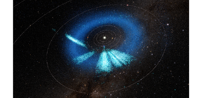 Representación del sistema solar interior que muestra los asteroides descubiertos por Rubin en color verde azulado claro. Los asteroides conocidos aparecen en azul oscuro. La representación muestra un total de casi 12.700 asteroides que fueron descubiertos con Rubin en un lapso de 1,6 años: 73 fueron descubiertos durante las primeras observaciones de prueba iniciales utilizando la cámara de puesta en marcha de Rubin a finales de 2024 y publicados como parte de la Vista previa de datos 1 de Rubin en el verano de 2025; 1514 fueron descubiertos durante las observaciones de First Look en abril y mayo de 2025; y los más de 11.000 asteroides recientes fueron descubiertos utilizando observaciones tomadas durante los primeros estudios de optimización de Rubin en el verano de 2025. Estas son las ubicaciones de los objetos en el momento de su descubrimiento. Desde entonces, los objetos han continuado sus órbitas alrededor del Sol y se han dispersado, dejando de ser el haz estrecho y concentrado que se observa en este gráfico. Crédito: Observatorio Vera C. Rubin de la NSF-DOE/NOIRLab/SLAC/AURA/R. Proctor. Agradecimientos: Mapa estelar: NASA/Goddard Space Flight Center Scientific Visualization Studio. Gaia DR2: ESA/Gaia/DPAC. Procesamiento de imágenes: M. Zamani (NSF NOIRLab)