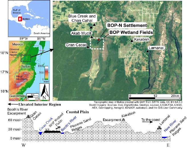 Área de estudio. Yacimientos mayas del norte de Belice y humedales de Birds Of Paradise: vista en planta (arriba) y perfil de elevación y ubicación del sitio en el paisaje (abajo). Esta imagen integra el trabajo publicado en PNAS. Crédito de la imagen: Lara Sánchez-Morales et al.